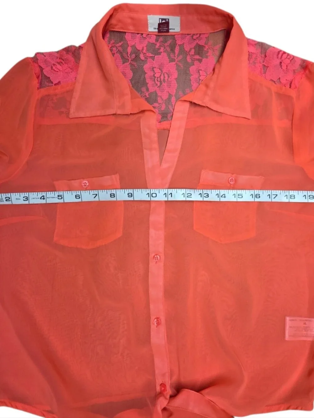 Hot Orange Sheer Lace Bottom Tie Top XL